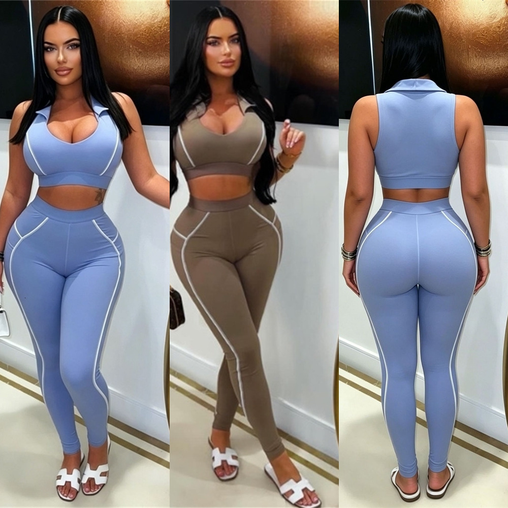 2026 New Womens Tracksuits Fashion Two Piece Set U-neck Sexy Tank Top Tight Vest And Long Pants Sets For Hot Girls Casual Yoga Suit