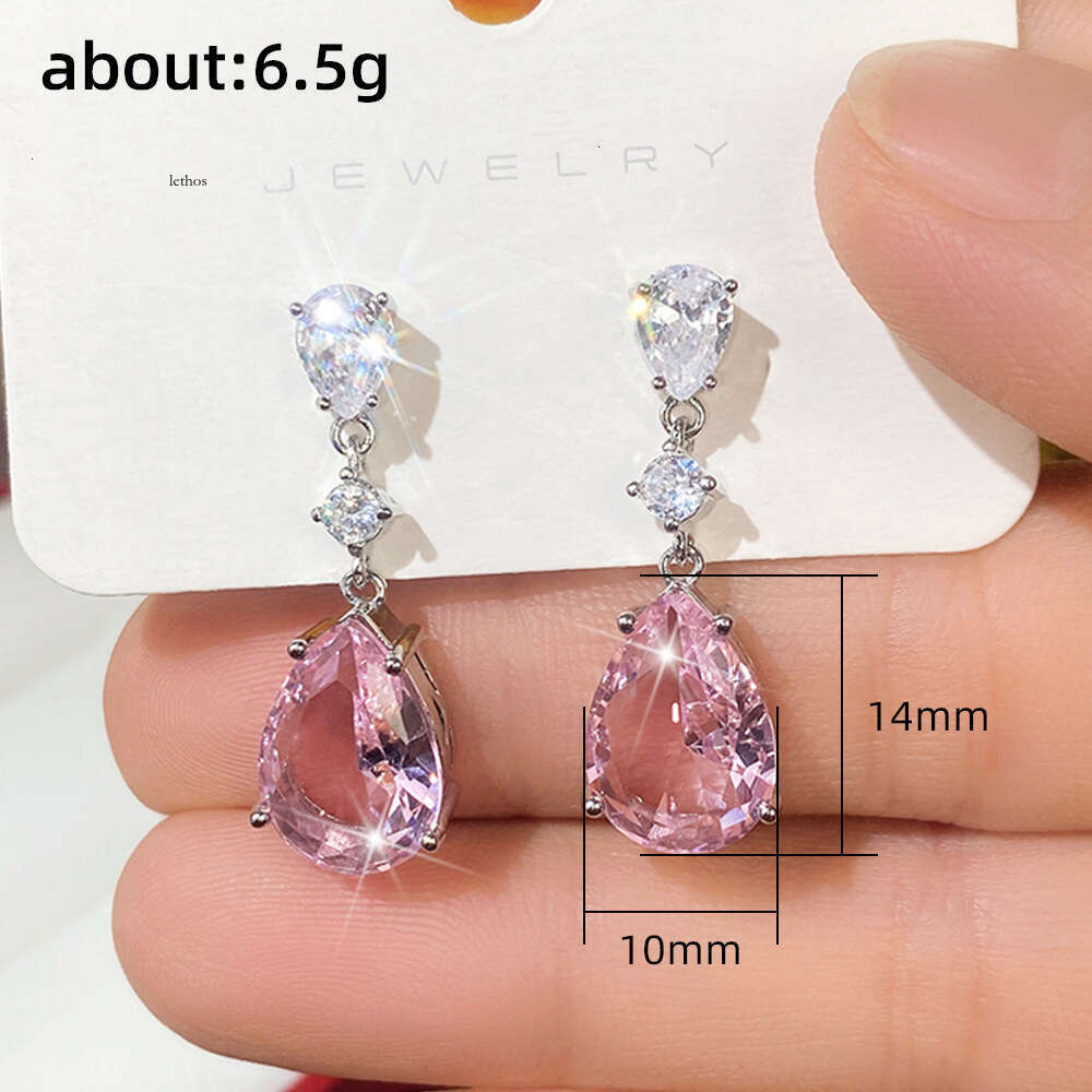 Sweet Pink Colorful Moissanite Summer New Pear-shaped Water Drop Light Luxury Elegant Earrings for Women