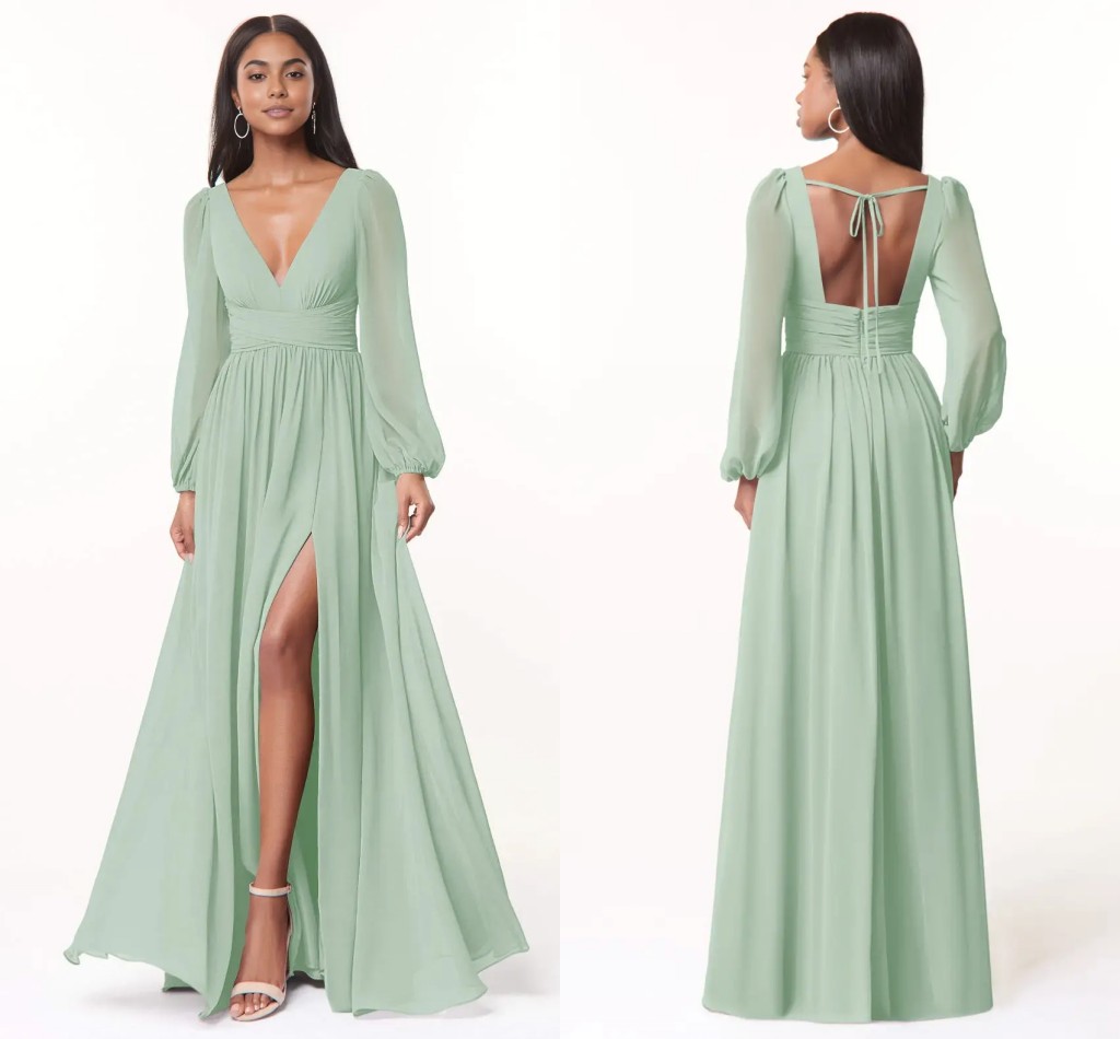 Sage Long Sleeves V Neck Bridesmaid Dresses For Wedding Guest Sexy Side Slit Flowy Chiffon Evening Formal Dresses Long Maid Of Honor Gowns Plus Size