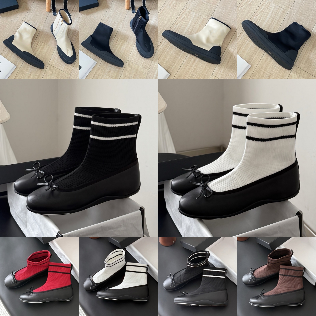 Femmes Bottines Top Marque Designer Bottes Bout Carré Noir Blanc Chocolat Rouge Beige Chaussette Chaussures Lady Plat En Cuir Hiver Chaud Étanche
