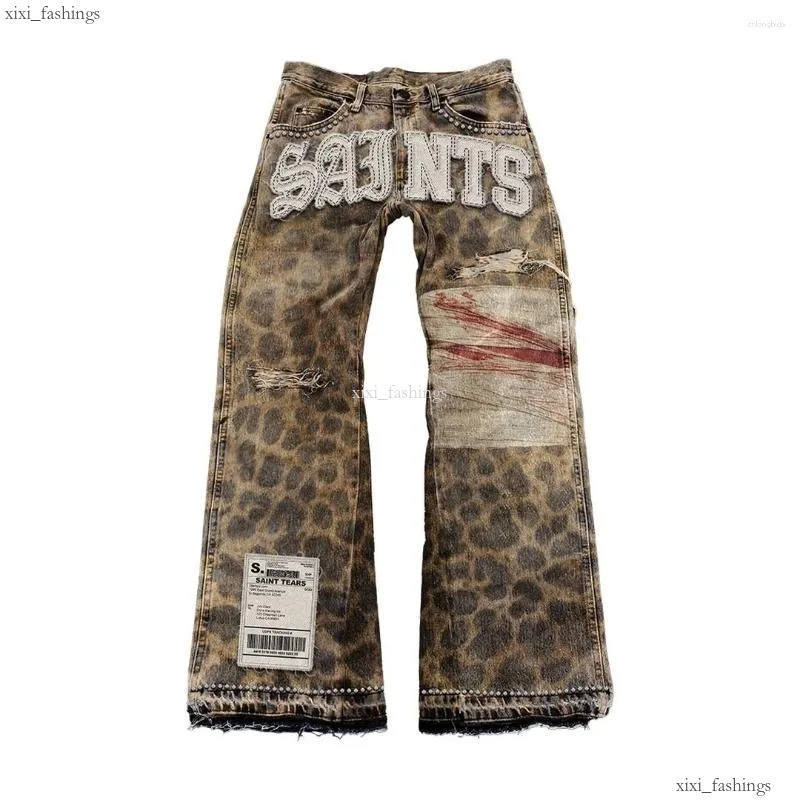 Mens Jeans Streetwear Vintage Leopard Print Ripped Men Women Harajuku Distressed Denim Pants Y2K Punk Letter Graphic Patch Trousers