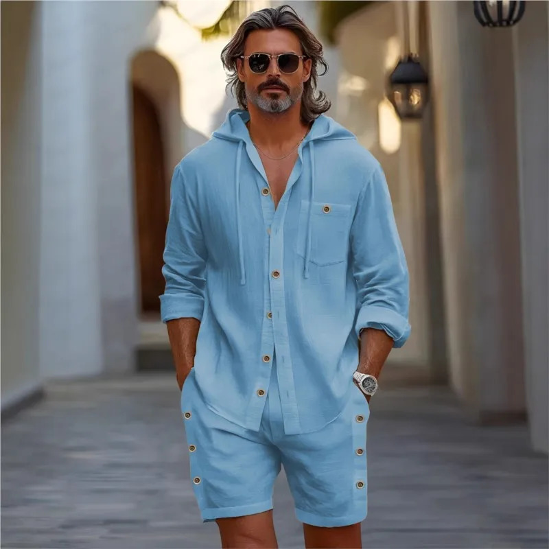 Hawaii Men's Cotton Linen Casual Suit Summer Men's Hooded Solid color Casual Long sleeved Shirt and Shorts 2-Piece Set 260805