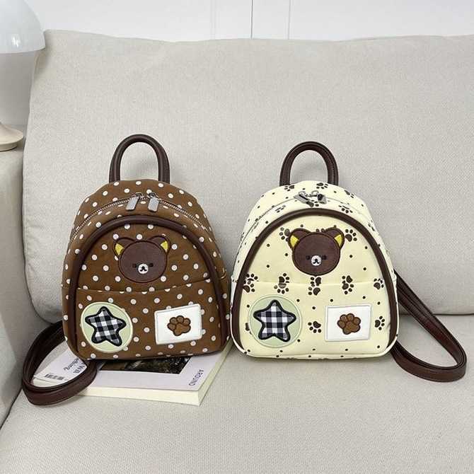 Korean-style ins cartoon bear backpack for women unique design cute polka dot student schoolbag fashionable and trendy backpack L26720