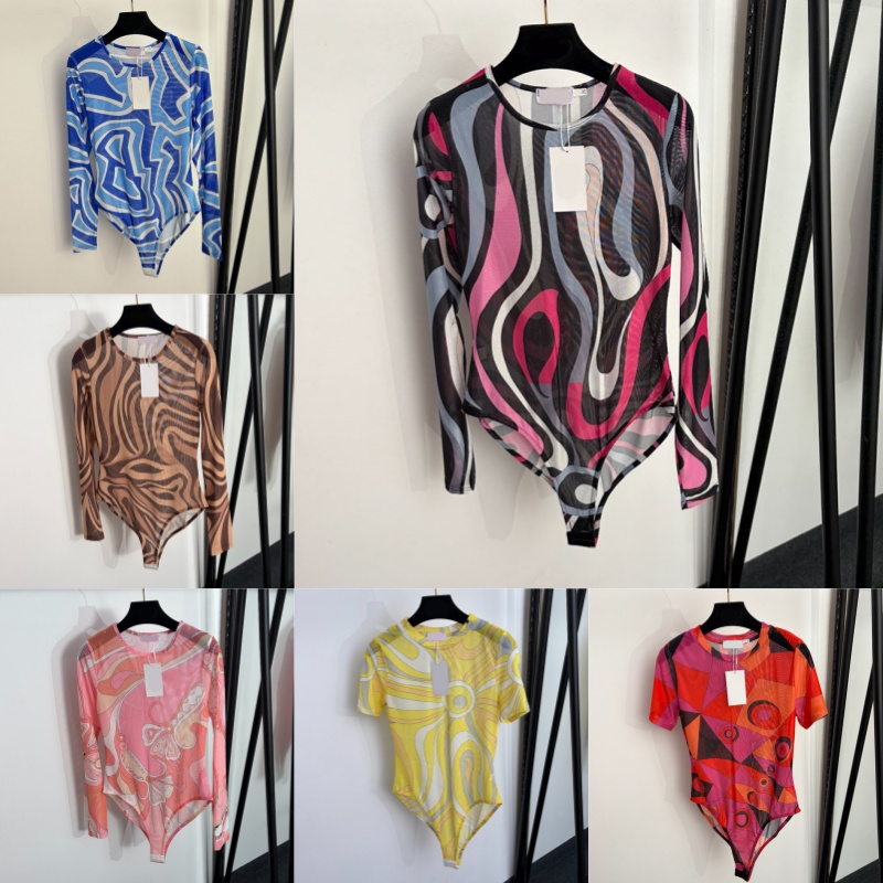 Multicolored Mesh Bodysuits Women Designer Sexy Slim Fit T Shirts Night Party Vacation Printed See Through Dresses