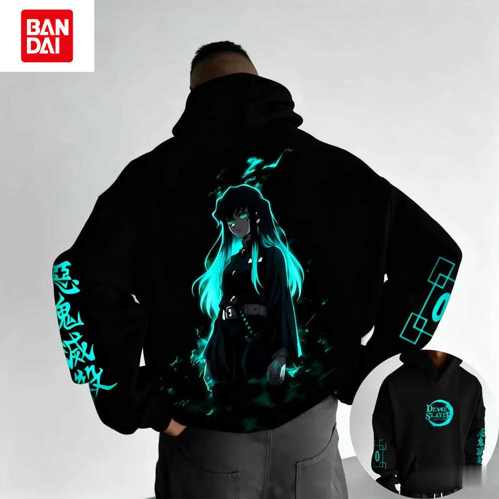 Bandai Demon Slayer Muichiro Tokito Large Size Fleece Hoodie American New Autumn Winter Men's and Women's Parent-Child Versatile Jacket L2