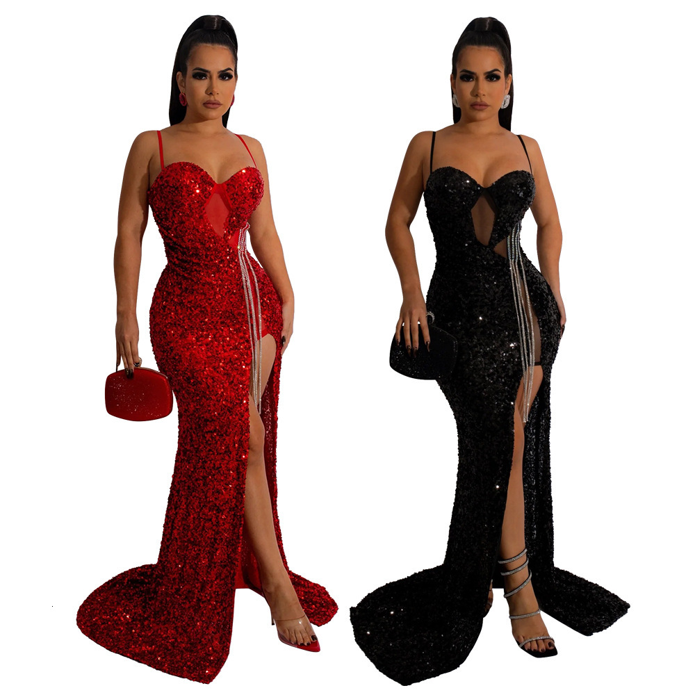 Amazon's best-selling cross - border product: European and American women's sexy strapless sequin dress with slit long skirt