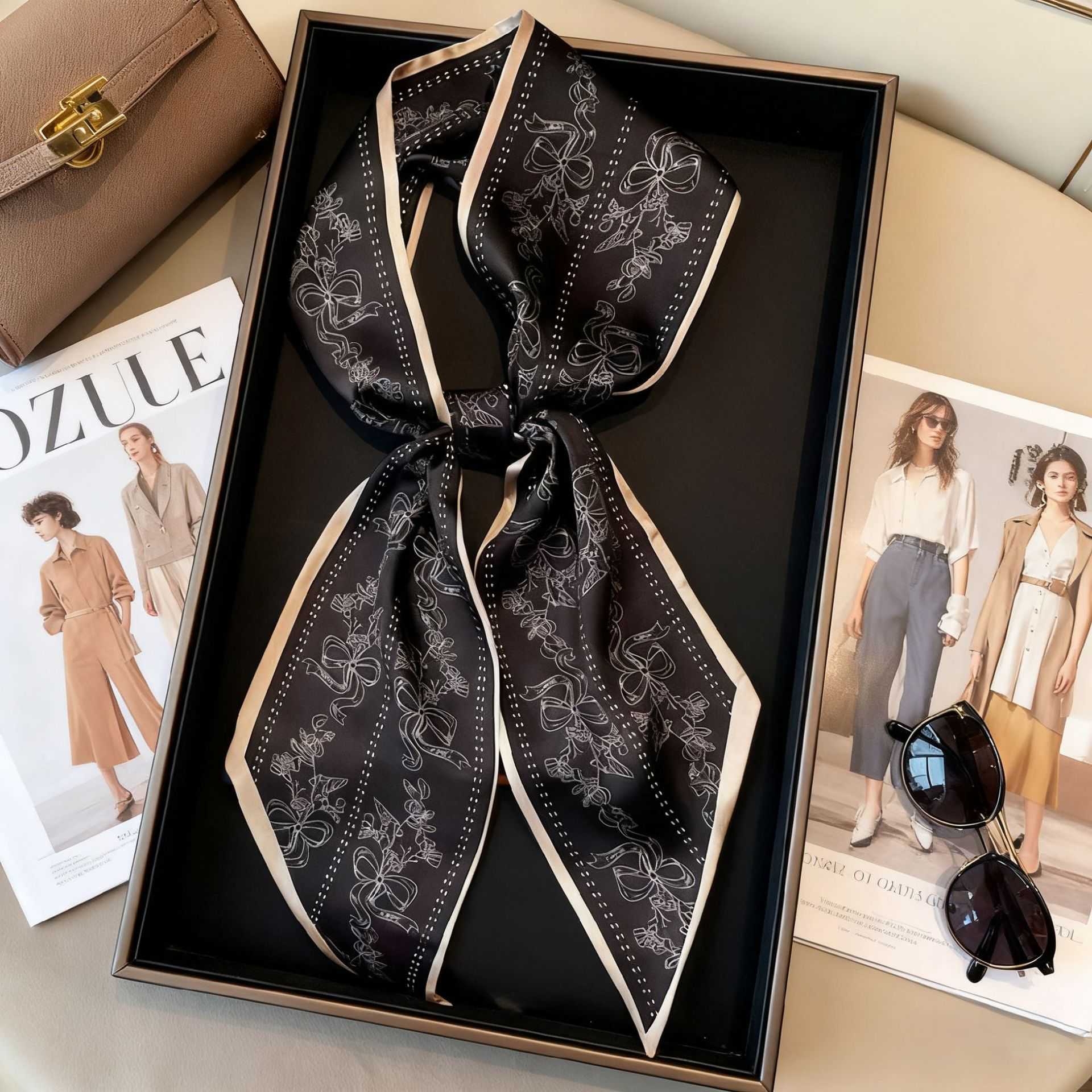 Long Silk Scarf for Women Spring Autumn Summer Black Neck Warmer Neck Scarf Shirt Accessory Ribbon Belt Thin Scarf L2608043FMJ