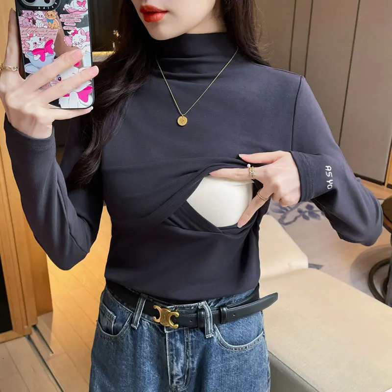 Winter Postpartum Woman Thick Warm Breastfeeding T-shirt Long Sleeve Turtleneck Maternity Nursing Inner Tees Fleece Cotton Top 260512
