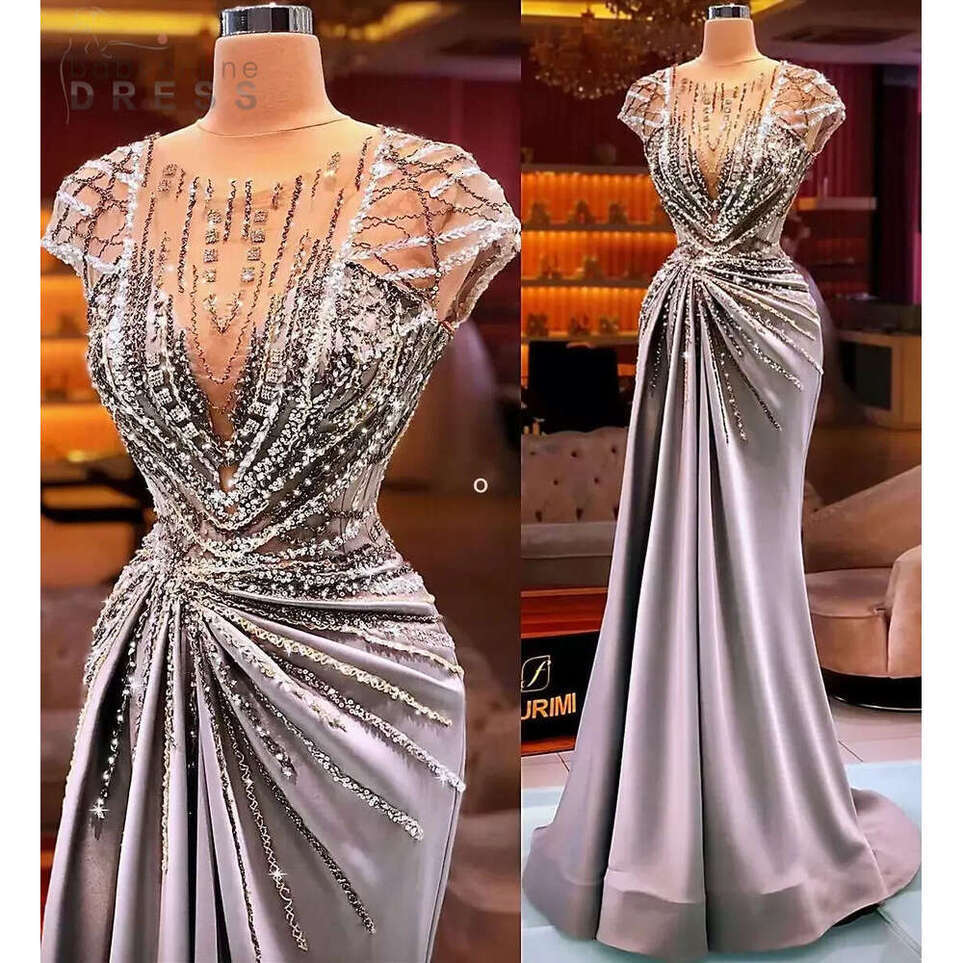 Plus Size Arabic Aso Ebi Silver Mermaid Luxurious Prom Dresses Sheer Neck Beaded Crystals Evening Formal Party Second Reception Gowns