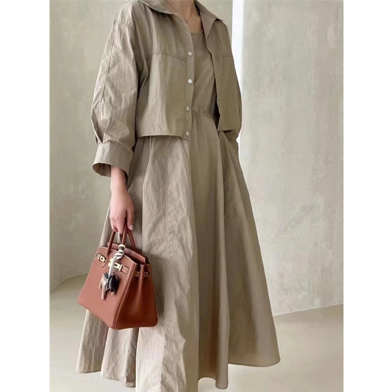 EFT Summer 2 Pieces Women's Dress Suits Turn-down Short Jacket and Solid Casual Tank Dress Sets Outfits Spring 260805
