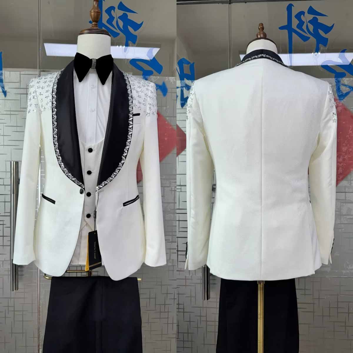 Luxury Men Suits 2Pieces Set Shawl Lapel Crystal Jacket One Button Blazer Tailor-Made Customized Coat Black Pants Costume Homme Plus Size