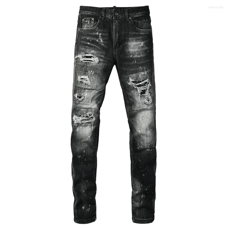 Men's Jeans Men Patchwork Denim Streetwear Holes Ripped Distressed Pants Black Slim Tapered Stretch Trousers