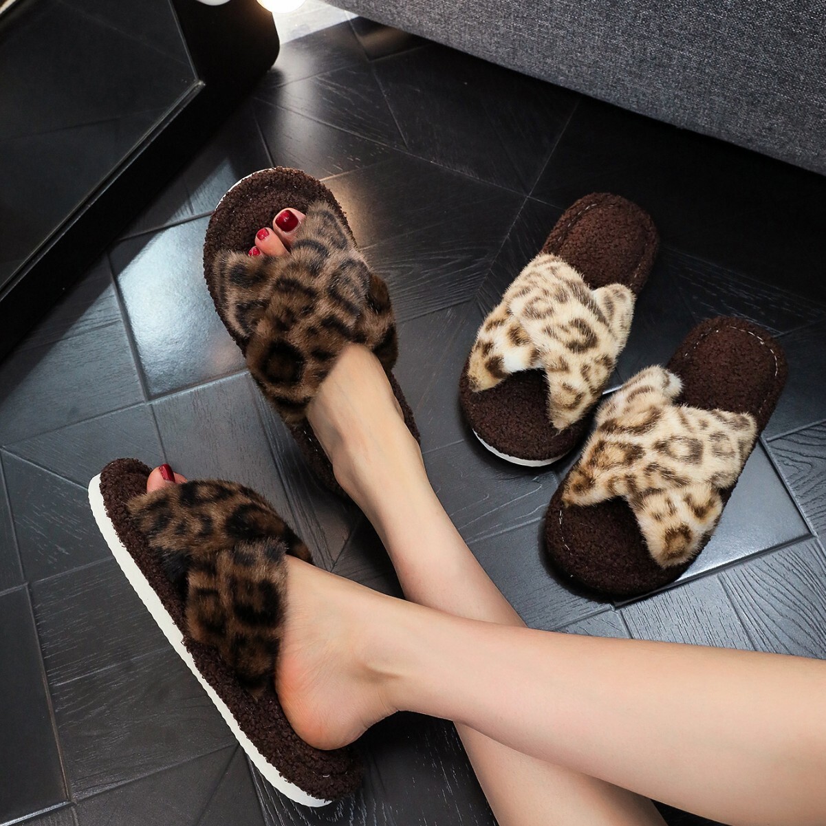 Designer Autumn And Winter Fuzzy Slippers Cross-Border Hot-Selling TEMU SHEIN Leopard Print Furry Women's New Autumn And Winter Fashion Home Sl
