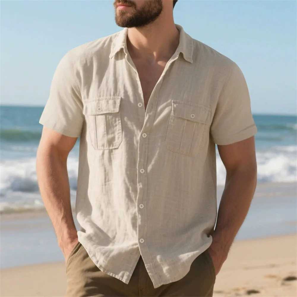 Summer Men's Cotton Linen Short Sleeve Shirt Double Pocket Solid Color Cargo Shirts Casual Vacation Beach Style Lightweight Tops Z260805