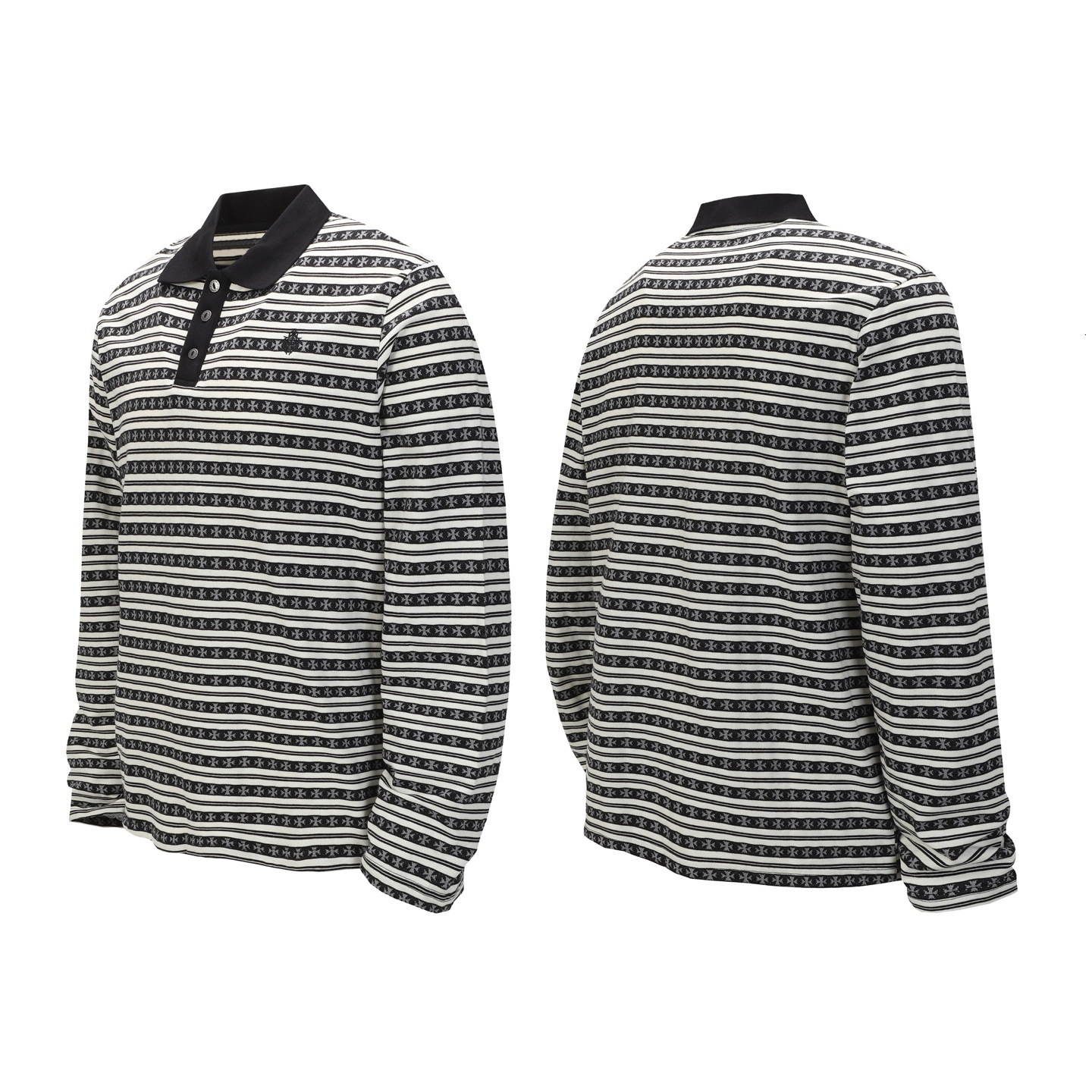 Polo Shirt Long Sleeve Cotton Knit Collared mans Top Cross Embroidery Striped Mens Luxury Button Placket Gothic Streetwear Clothing