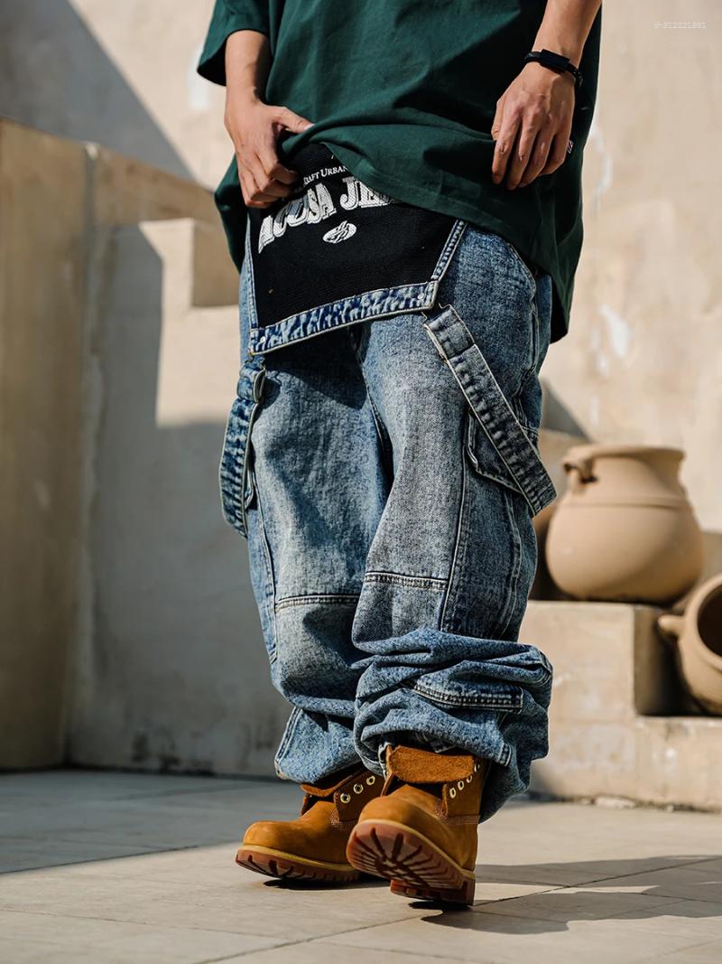 Men's Jeans Heavyweight Retro Snowflake Washed Workwear Denim Overalls American Casual Hip Hop Loose Fit Straight Leg For Plus Size...