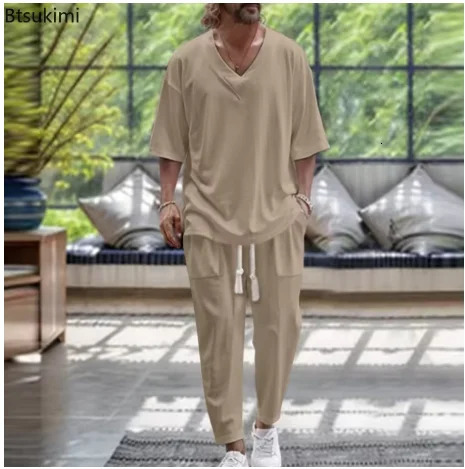 Summer Casual Trousers Set Cotton Linen 2 Piece Men's V-neck Short Sleeve T-shirt and Pants Hawaiian Beach Cotton and linen Set 260805