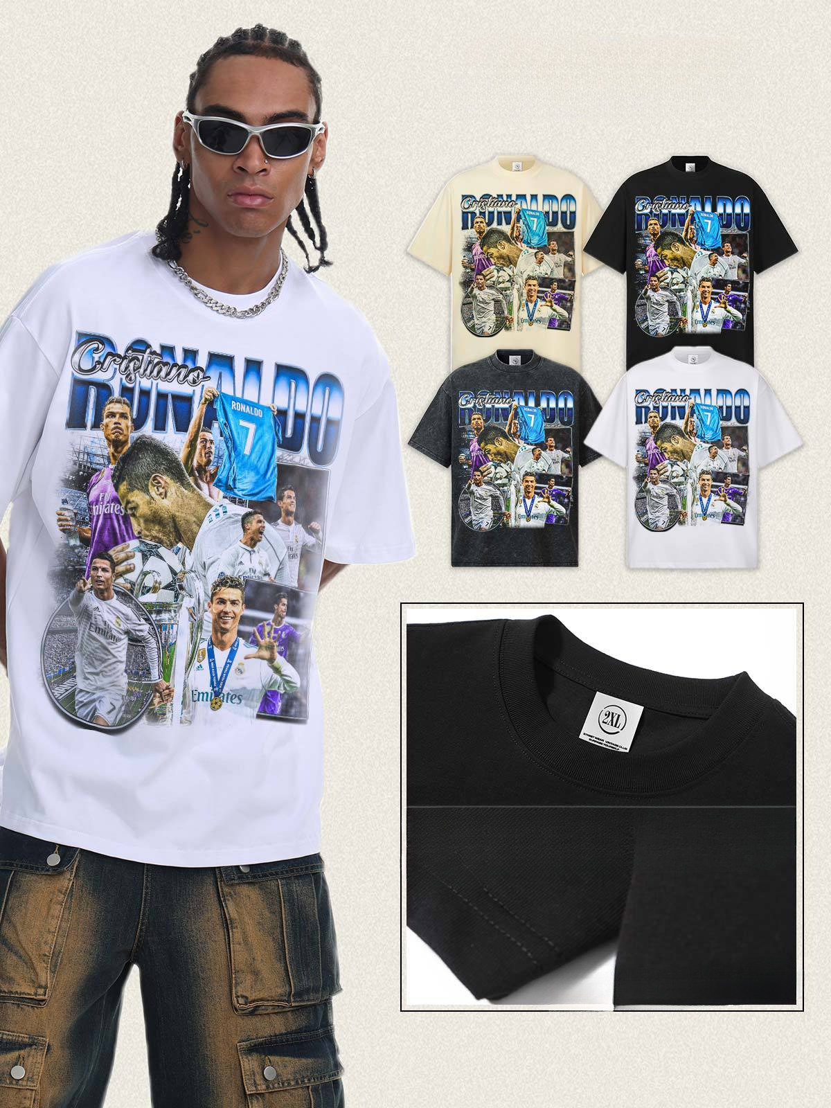 2026 washed T-Shirt C. Ronaldo New Pure Cotton T-Shirt Men, American Retro Round Neck, Drop Shoulder, Heavyweight, Loose Fit, Versatile Short Sleeve