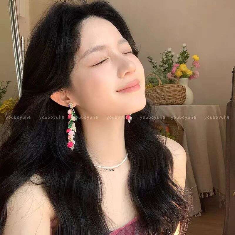 Floral Whispers~ Pink Flower Tassel with a Unique Design, Vacation-Style Stud Earrings that Make Your Face Look Smaller