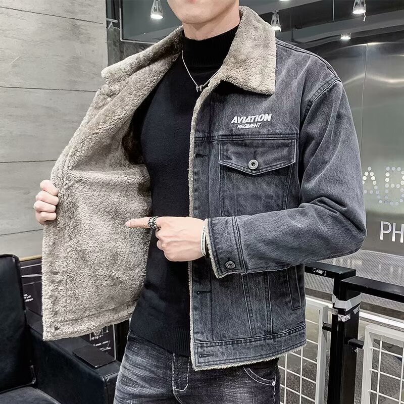 Men's Denim Autumn Winter Thickened Fleece American Style Trendy Jacket Handsome Lamb Wool Cotton Coat Top