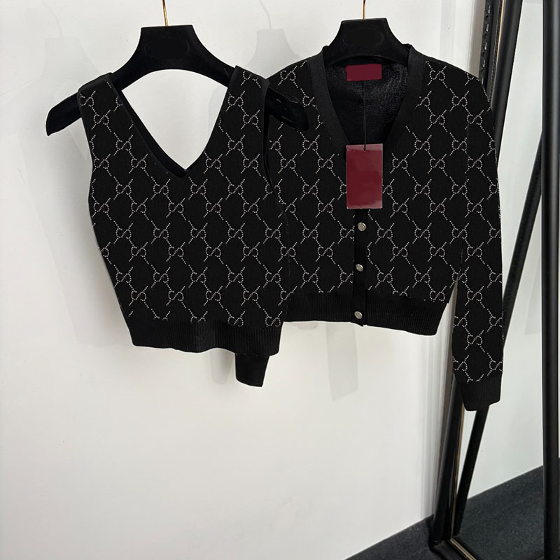Jacquard Cardigan Cropped Vests Set For Women V Neck Metal Button Knitwear Sleeveless Camisole Autumn Winter Elegant Office Knitted Shirts Two Piece