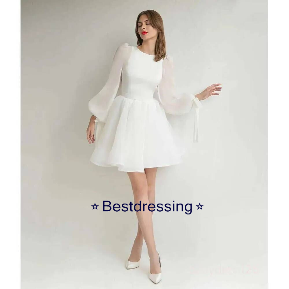 2024 Elegant Short Organza Wedding Dress O Neck Puffy Sleeves A Line Knee Length Bridal Party Gowns With Bow Robe De Soiree For Women Chic Zd19 Bd84