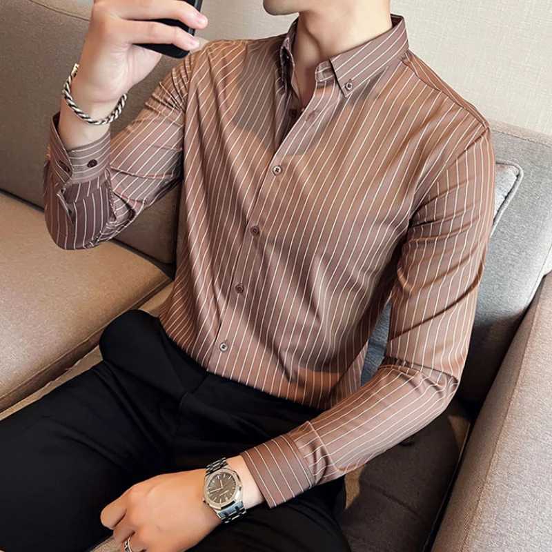 British Style Striped Shirts Mens Long Sleeve Silky Slim Casual Shirts Luxury Men Business Social Party Dress Shirt Streetwear Z260805