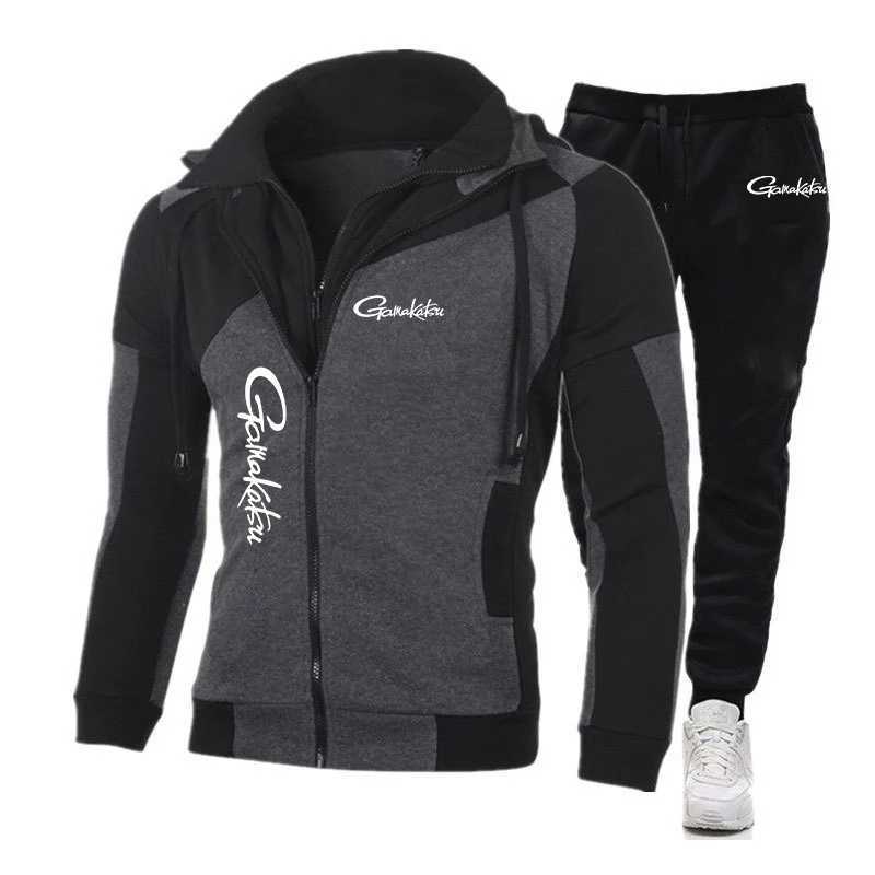 2025 Spring Autumn Gamakatsu Print Sports Cotton Comfortable Sets Men's Trendy Zip Splicing Hoodies+Solid Color Sweatpants Suits S260805FKYY