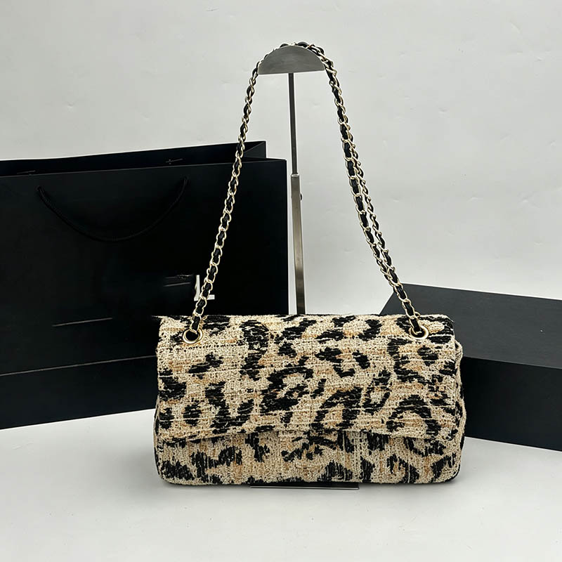 Retro Leopard Print Cf Fashion Womens Shoulder Bag Coarse Tweed Gold Hardware Metal Swivel Lock Matlasse Chain Luxury Handbag Crossbody Travel Airpo