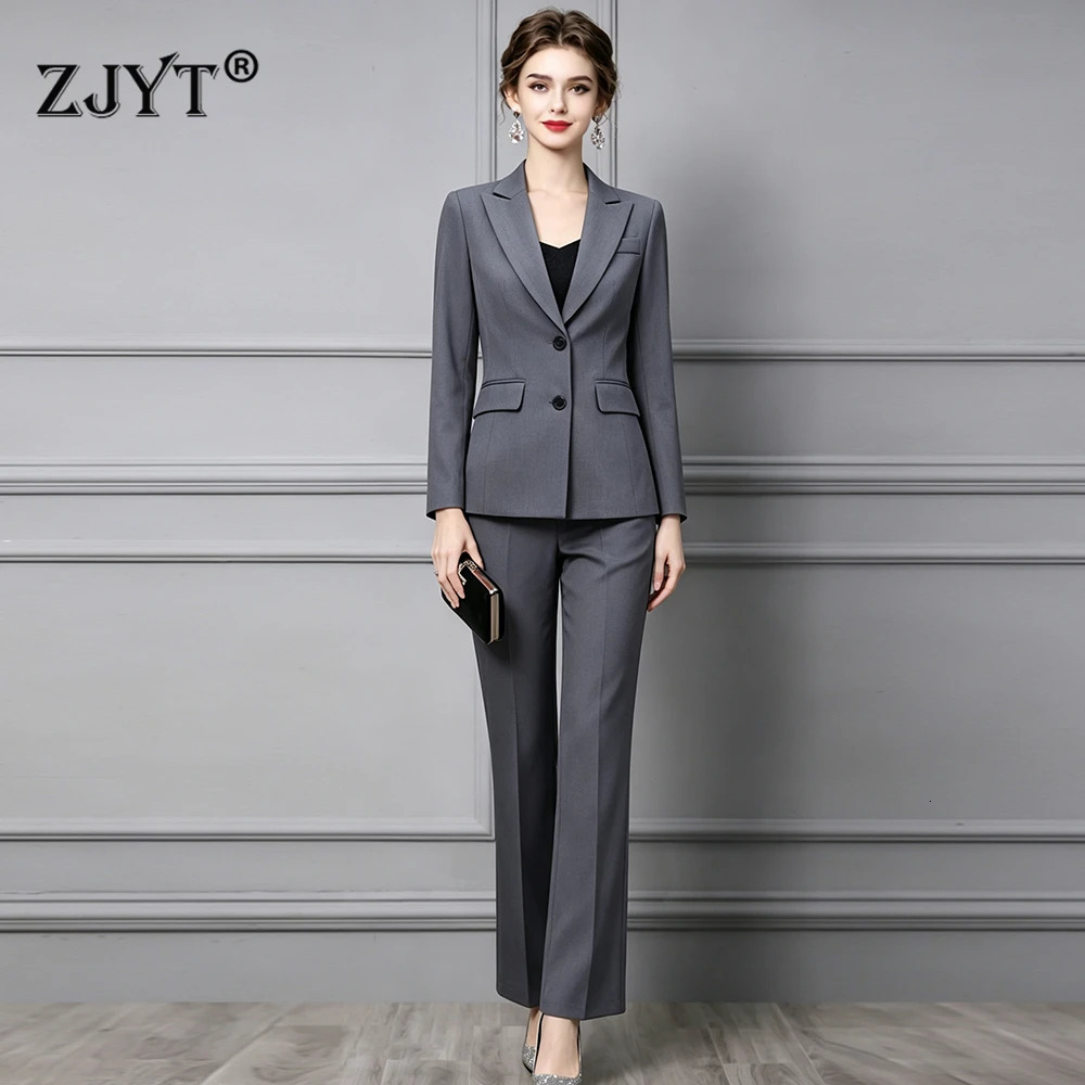 ZJYT Ladies Office Formal Trousers Suit for Women Autumn Elegant Long Sleeve Blazer and Pants Twe Pieces Matching Sets Outfits 260730