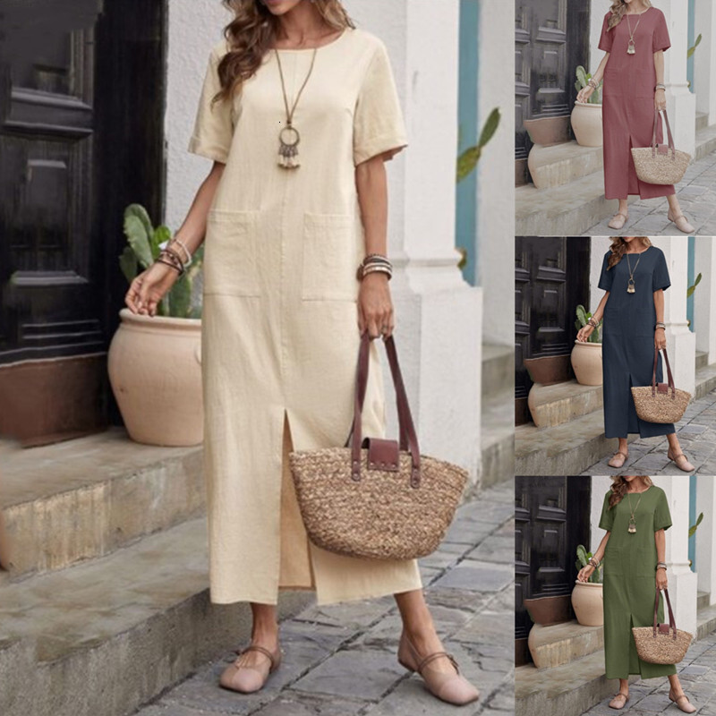 2023 Summer New Cotton and Linen Solid Color Loose Round Neck Short Sleeve Dress for Women