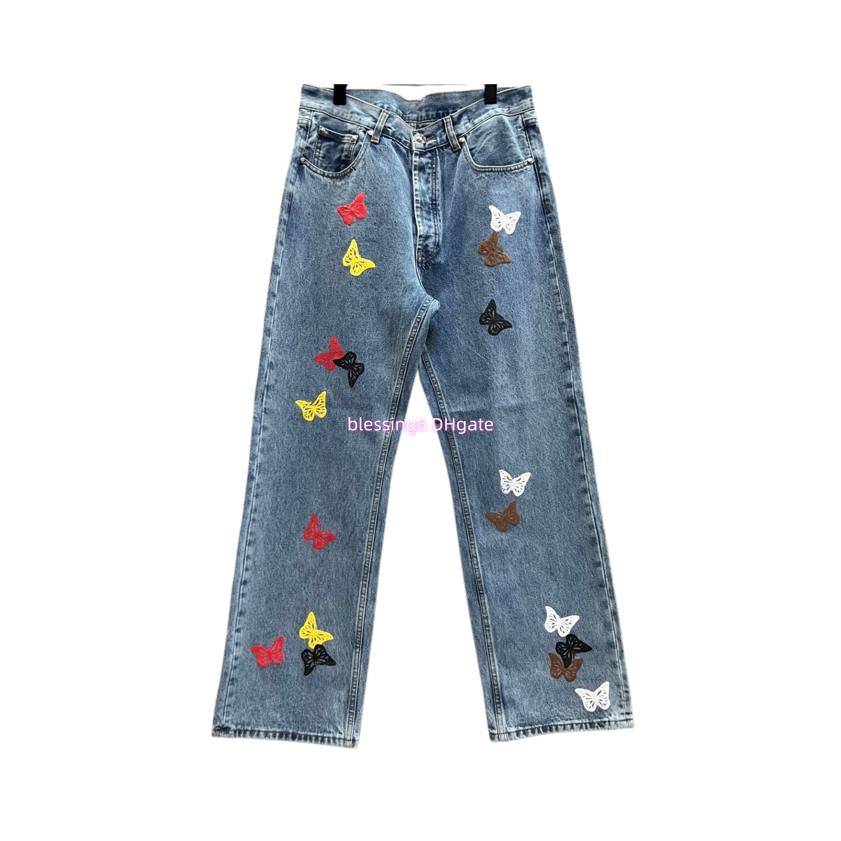 Designer men's jeans embroidered pattern work pants wide leg multi pocket colorful butterfly decoration casual loose street pants couple denim