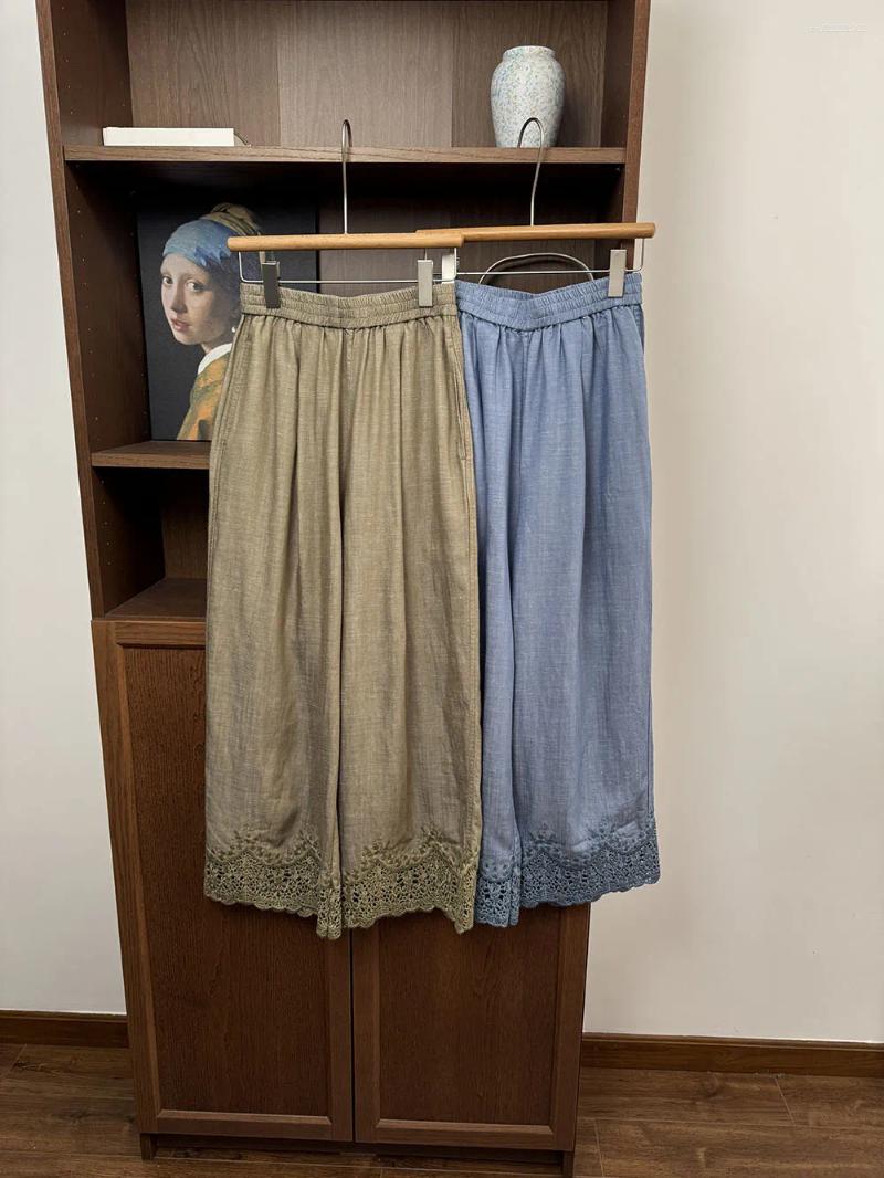 Women's Pants French Style Women Linen Blend Lace Patchwork Ankle-length Elegant Lady Elastic High Waist Wide Leg Trousers 2026 Autumn