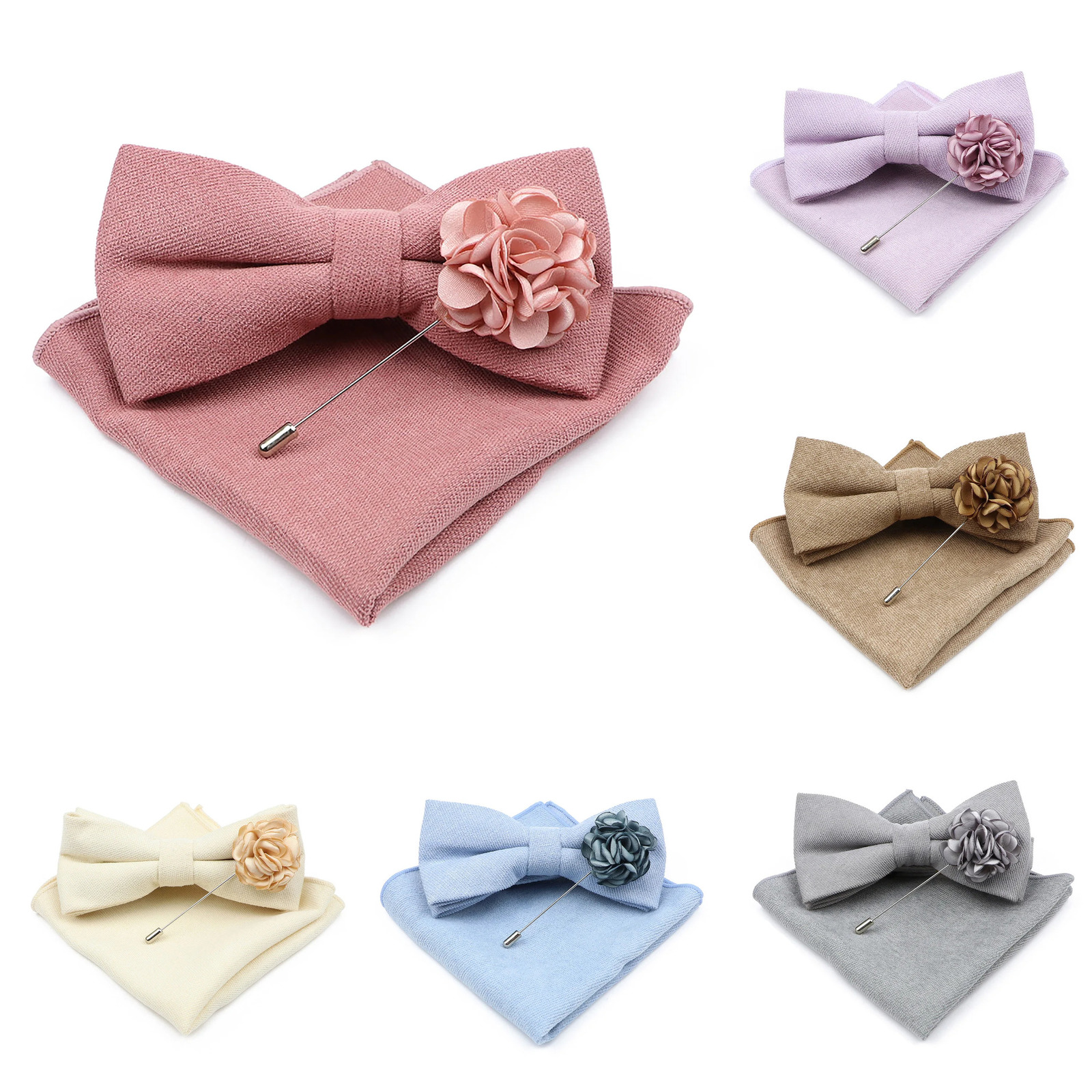 Mens Solid Color Cotton Bowtie Pocket Square Brooch Sets Pink Blue Super Soft Suede Bow Tie Handkerchief For Wedding Party Gift 260804