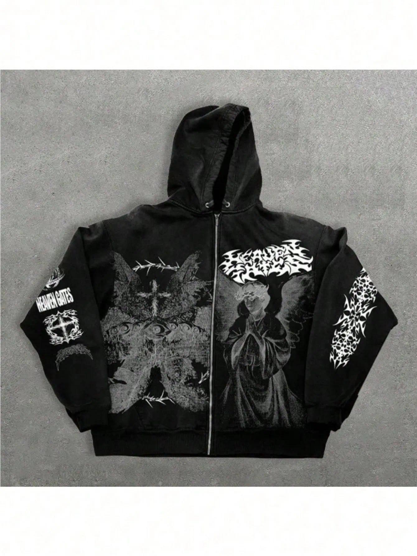 Men's Fl-Lined Zip-Up Hoodie with Cosmic Eye Graphic Print Strtwear Style L261014a