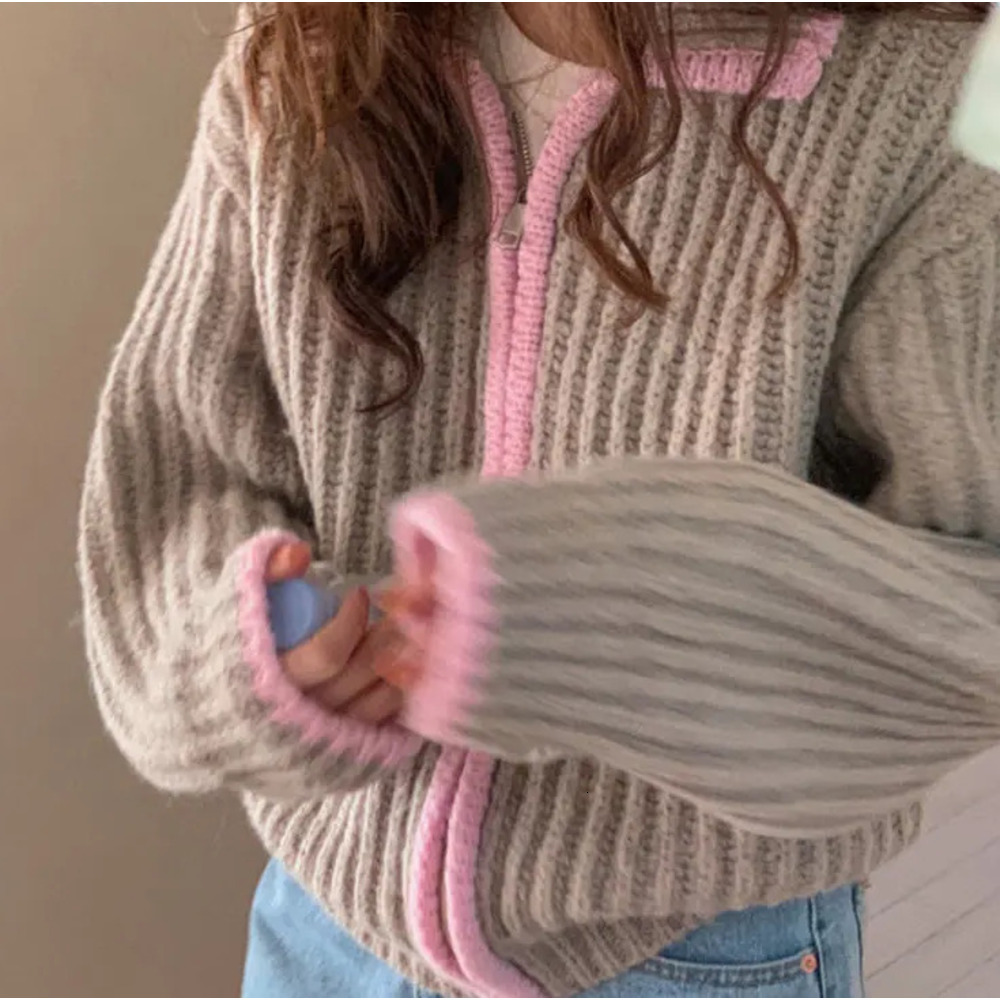 Woherb Sweaters Zipper Women Tops Vintage Contrast Color Thick Loose Cardigan Korean Fashion All Designer Fashion Match Autumn Winter Pull Femme