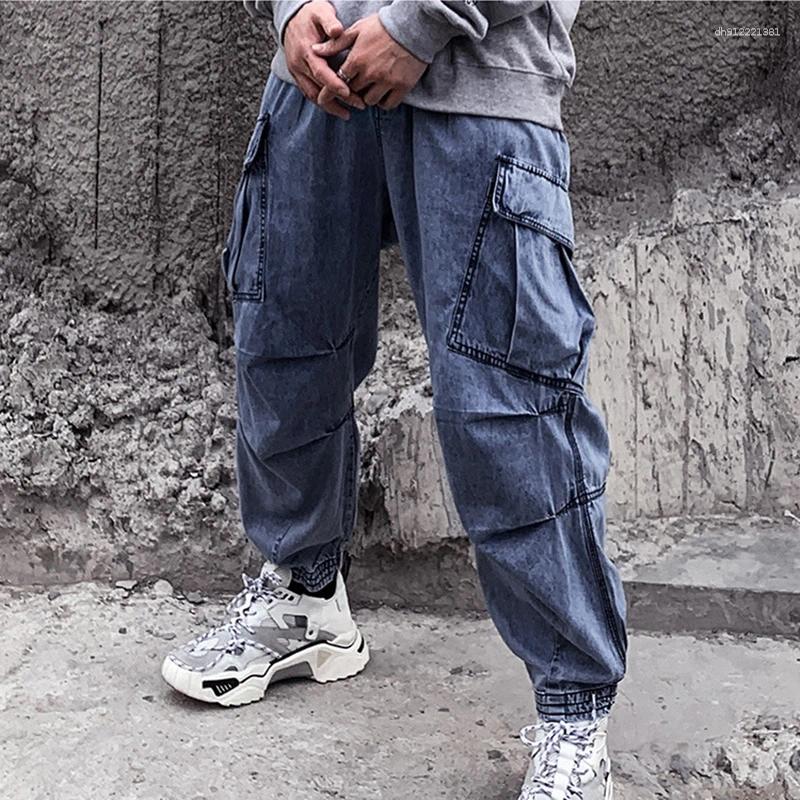 Men's Jeans American Retro Heavyweight Denim Cargo Cotton Washed Loose Casual Multi-pocket Ankle-tied Pants