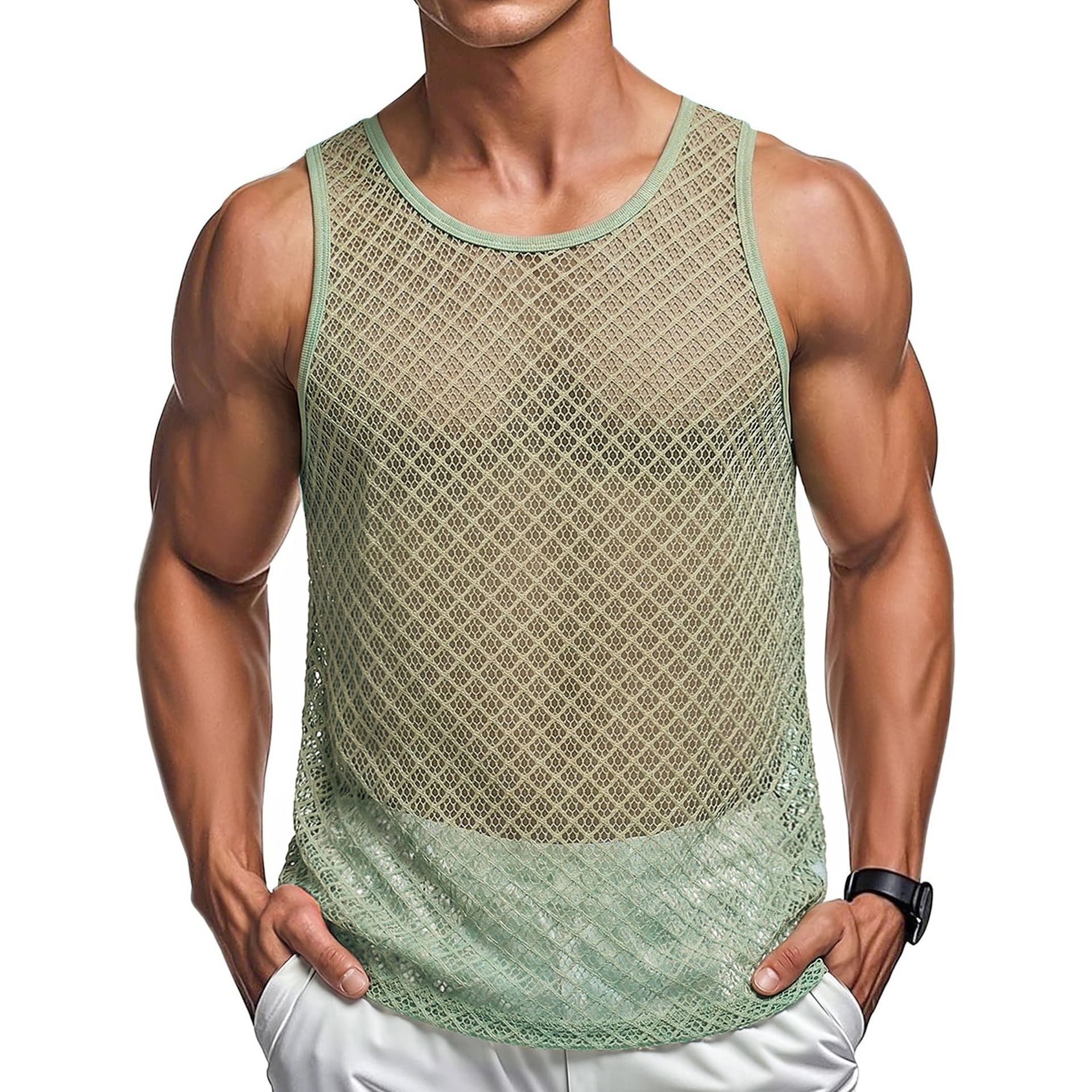 Cross-border men's European and American sexy mesh hollow-out knitted summer casual fitness sports vest for men