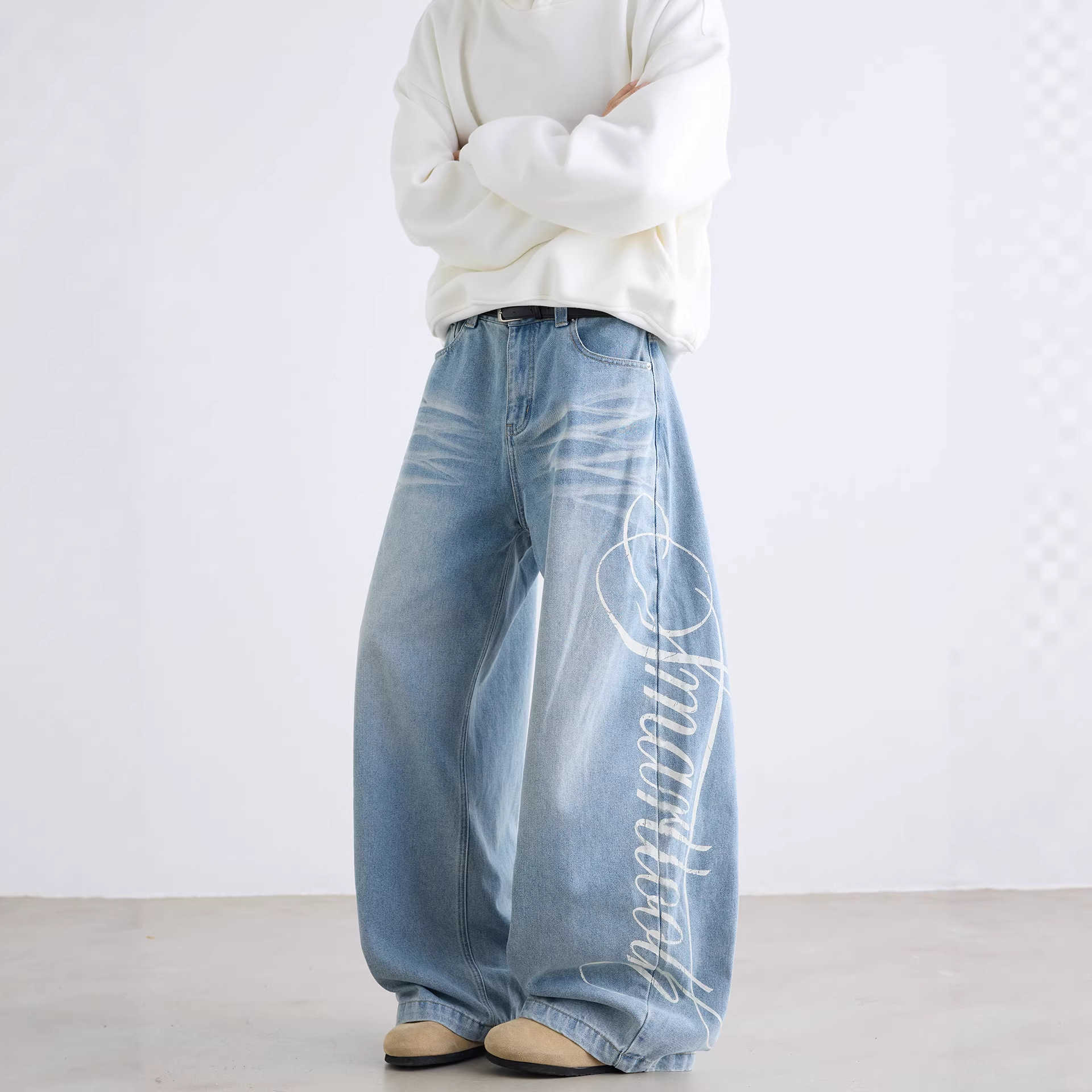 Men's Letter Print Jeans American High Street Loose Pants Straight Trendy Wide-Leg Versatile Cool Long Pants S260804H393