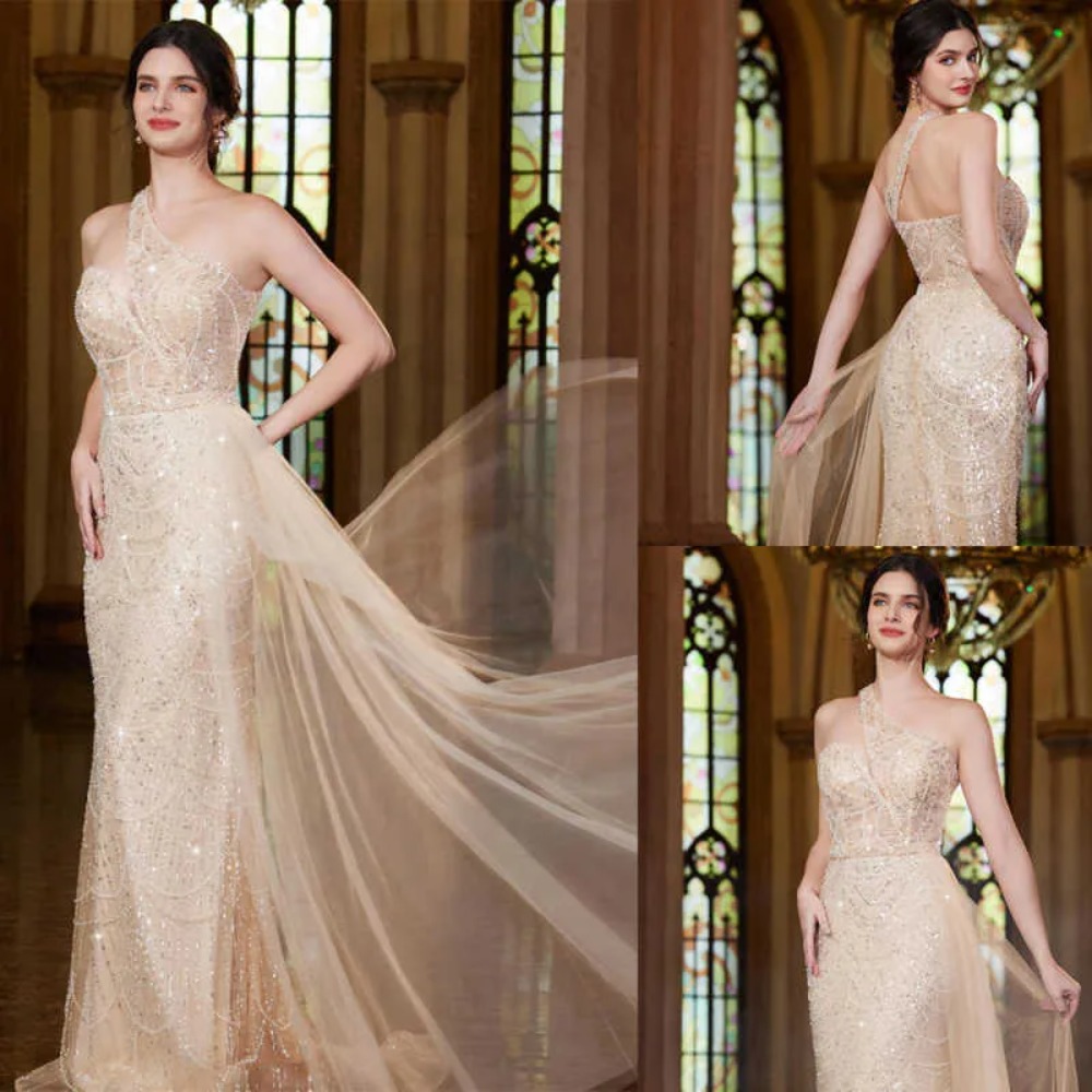 Luxury One Shoulder Mermaid Evening Dress Sparkly Handmade Beading Detachable Sheer Tulle Train Champagne Formal Party Guest Prom Gown