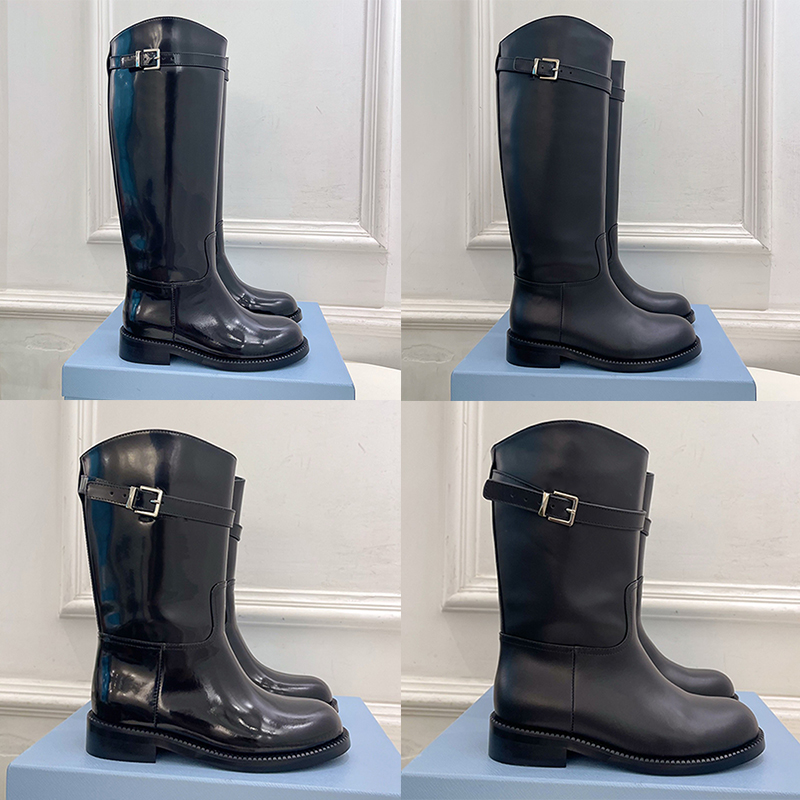 Womens Leather Boots Designers Adjustable Buckle Strap Classic Leather Ladies Knight Boots Luxury Round Toes Knee Boots Flats Leather Lining Rubber