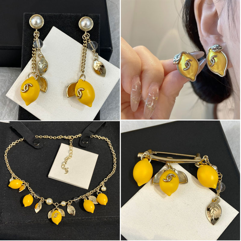 New Lemon Style Designer Pendant Necklace Chain Fashion Brooch Lemon Leaf Tassel Earring Stud CC Jewelry Sets for Women Party Wedding High Quality J