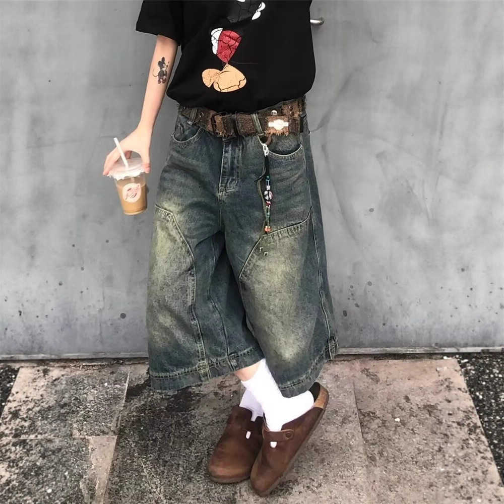 American-style streetwear washed distressed patchwork denim mid-length pants summer versatile loose-fit unisex wide-leg cropped pants trendy S260804