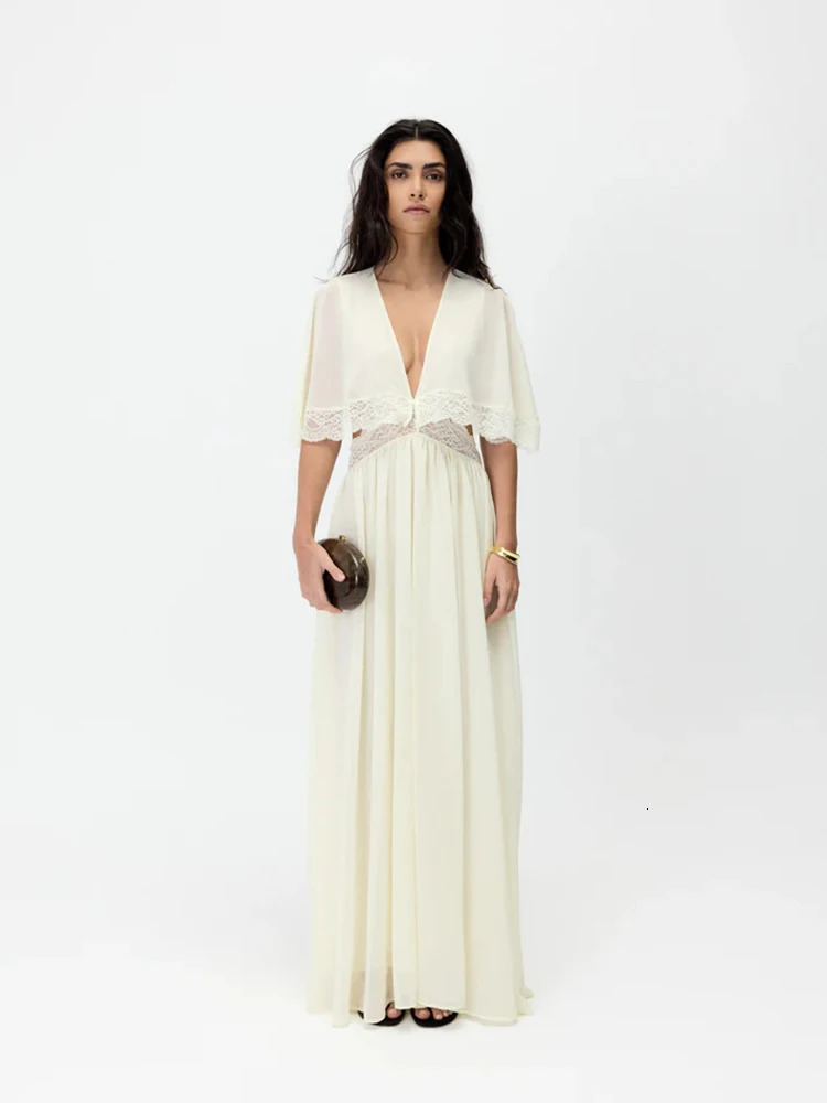 Elegant Short Sleeve Hollow Out Maxi Dresses Fashion Lace Patchwork Women Chiffon Dress 2026 Summer Lady V Neck Long Robes 260805