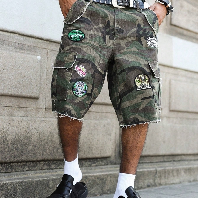Mens Summer Denim Shorts Camouflage-Colored Workwear Patch Denim Shorts Street Fashion Retro Hip-Hop Casual Style 260730