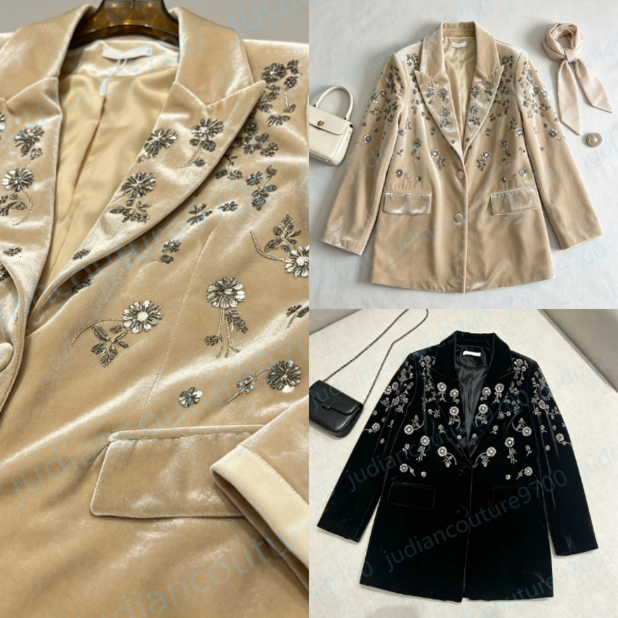 miuslogo Jacket Womens Luxury Velvet Blazer Floral Embroidery Notched Lapel Oversized Suit Jacket Elegant Designer Brand Button Decor Women jacket D