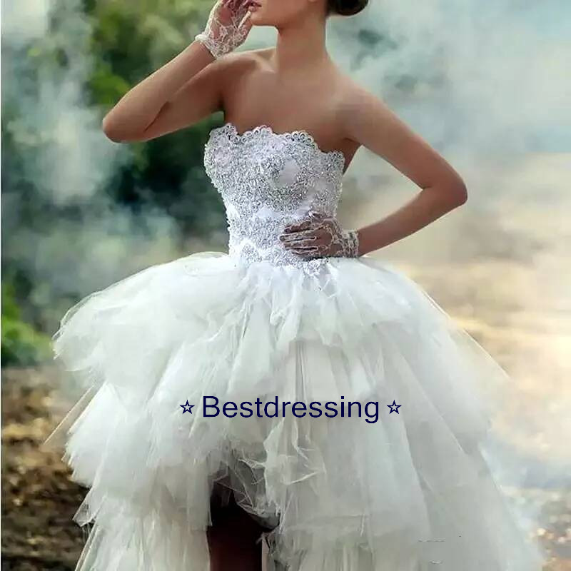 Strapless High Low Wedding Dress Tiered Tulle Puffy A Line Bridal Gowns Appliqued Beaded Lace Up Boho Beach Elopement Dresses Short Front Long Back
