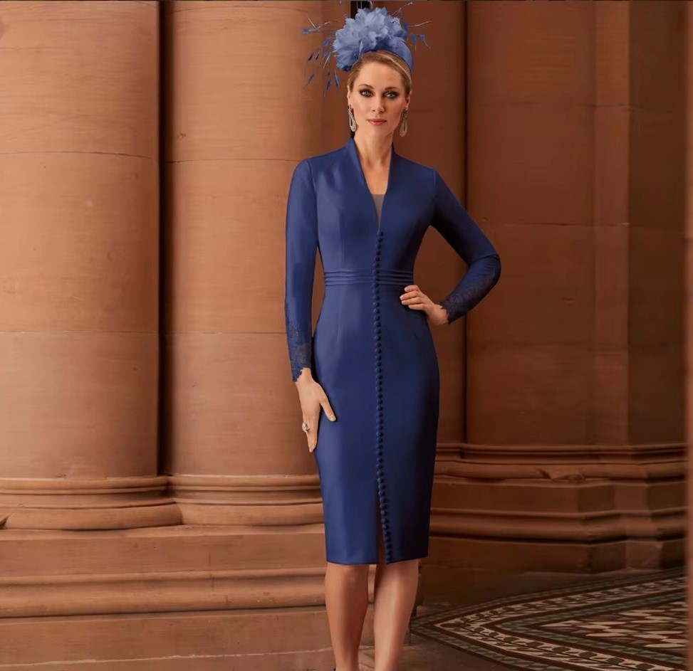 Navy Blue Mother of The Bride Dresses V Neck Long Sleeves Buttons Satin Tea Length Sheath Wedding Guest Gown Party Dress