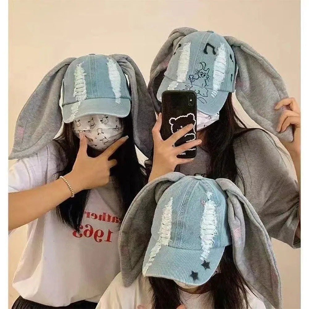 Jeans MinJi Haerin OMG Stage Long Rabbit Ear Hat Y2K Style Denim Blue Baseball Cap Fashion Hip-Pop Cap Couple Birthday Gifts 260804