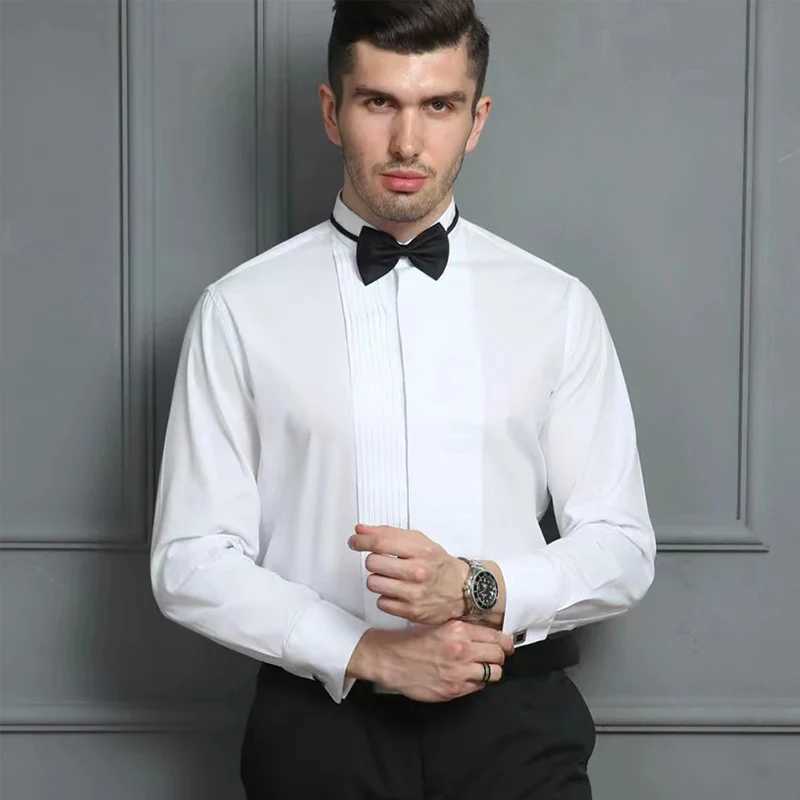 Classic Winged Collar White Dress Shirt For Mens Wingtip Tuxedo Formal Shirts Black Bow Tie Party Dinner Wedding Bridegroom Tops Z260805